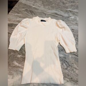 On Twelfth Cream Ribbed Puff Sleeve Top Small Mock Neck Fitted Sweater